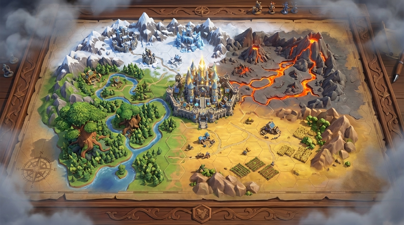 A grand throne room overlooking a city